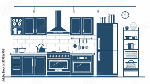 Modern kitchen interior with appliances and cooking utensils