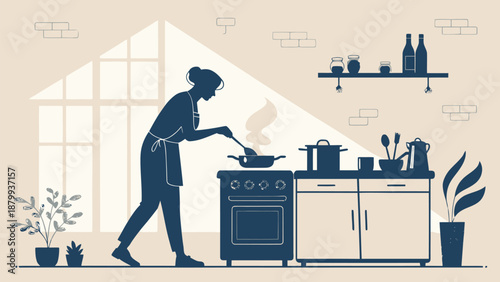 Woman cooking in modern kitchen with plants and kitchenware