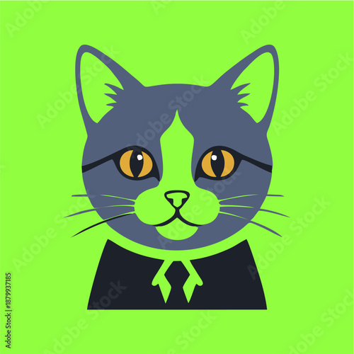 Stylized vector illustration of a formal cat wearing a suit and tie on a vibrant lime green background.