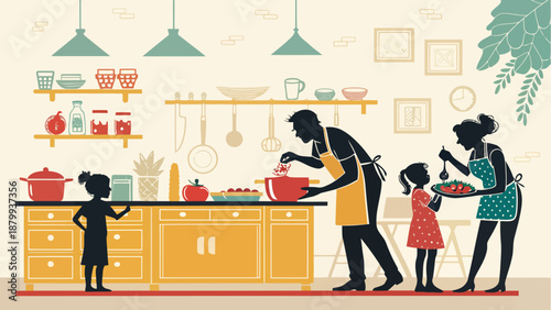 Family cooking together in modern kitchen with aprons on