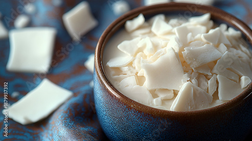 Close-up of natural soy wax flakes in blue ceramic bowl on dark textured surface with scattered wax pieces and soft light. Concept of eco friendly candle making