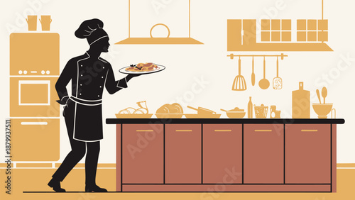 Chef presenting dish in modern kitchen with cooking utensils