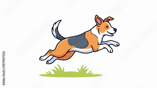 Cartoon beagle dog mid-leap over green grass