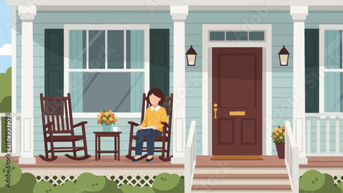 A woman relaxes on a porch swing reading a book by a charming blue house