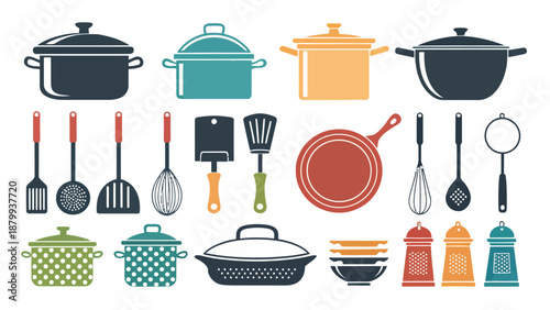 Colorful kitchen utensils and cookware for culinary creativity
