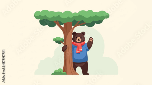 Cartoon bear in blue shirt and red scarf waves from behind a tree