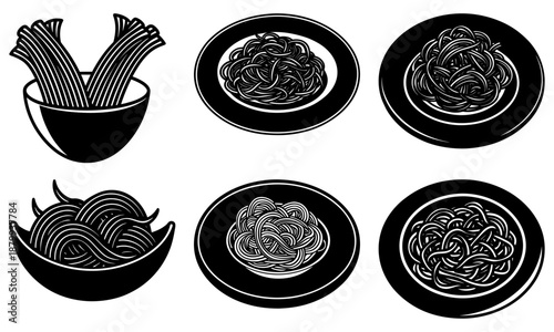 Six Different Types of Noodles in Bowls and Plates on White Background food pasta
