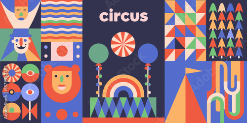 a colorful collage of geometric shapes and circus themed illustrations