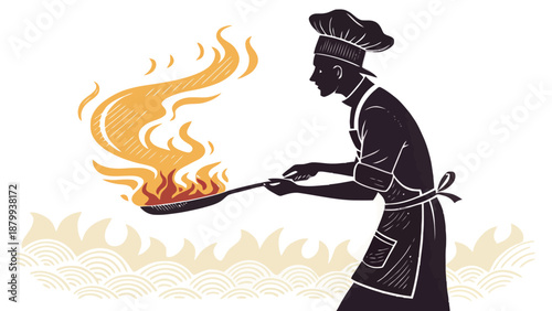 Chef cooking with flames on a frying pan in kitchen