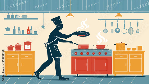 Chef cooking in a modern kitchen with pots and pans