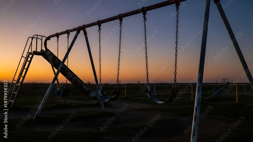 Fototapeta premium Empty playground swings and slide silhouetted against a vibrant orange and blue sunset sky.