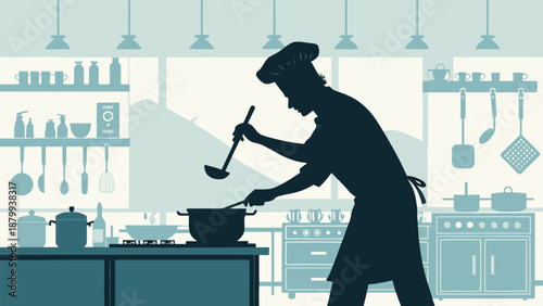 Professional chef cooking in modern kitchen with utensils