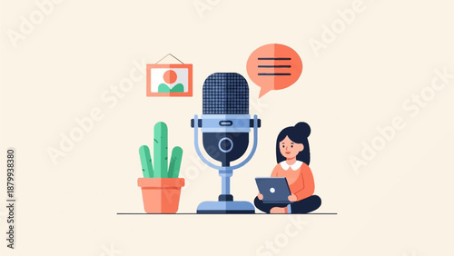 A woman records a podcast with a laptop and microphone