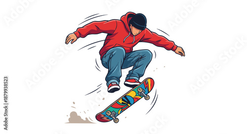 Dynamic illustration of a young skateboarder mid-air, performing an impressive trick with vibrant energy and youthful flair