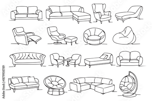 Hand drawn line art furniture set featuring sofas, armchairs, chaises, and a bean bag for interior design projects