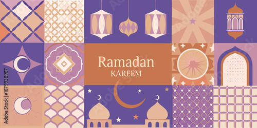 A colorful ramadan kareem background with geometric patterns and islamic motifs