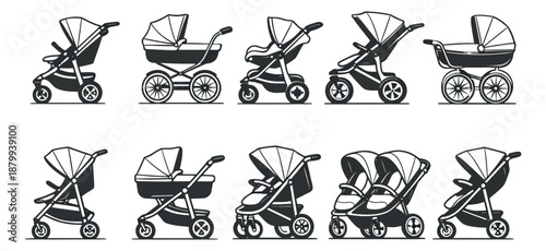 Line art baby stroller set featuring various designs of prams, buggies, and a double stroller for parenting concepts