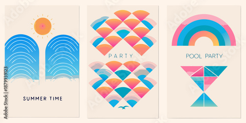 Abstract summer designs featuring rainbows waves and a vibrant color palette
