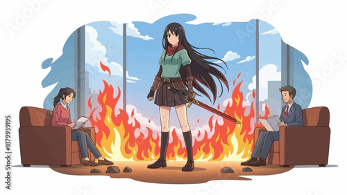 A warrior girl with a sword stands in front of a fire, people reading in chairs