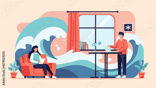 A woman reading on a couch and a man working on a laptop amidst stylized waves