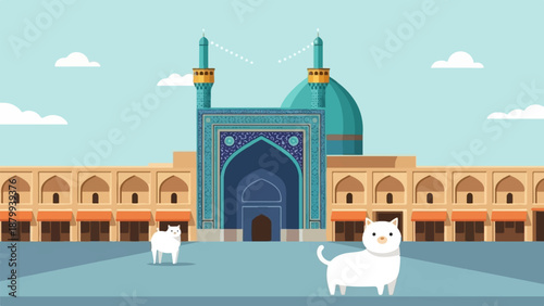 Cartoon cats explore a vibrant courtyard in front of an ornate Islamic building