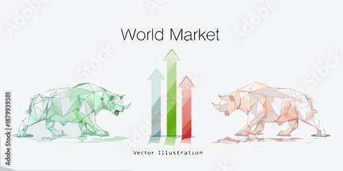 World market depiction with polygonal rhinoceroses and upward trending arrows