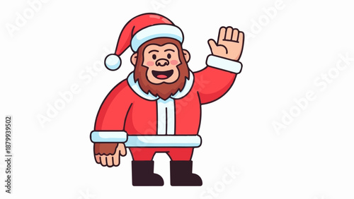 Cartoon character in Santa outfit waving cheerfully against a white background