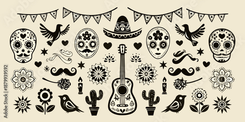 A colorful collection of day of the dead symbols and festive elements