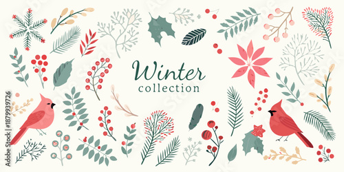 A festive winter collection featuring floral elements and charming cardinal birds