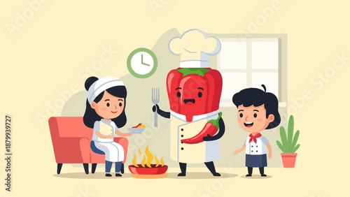 Cartoon chefs and children enjoy cooking and eating healthy food together