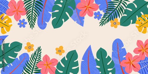 A vibrant tropical floral arrangement with lush leaves and colorful blossoms