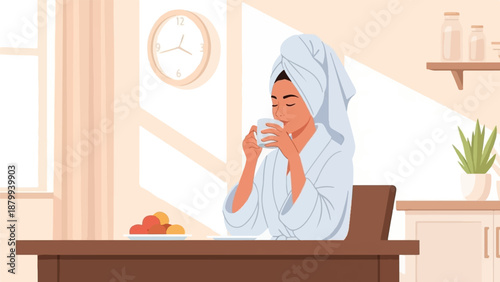 A woman in a bathrobe and towel enjoys a cup of warm beverage
