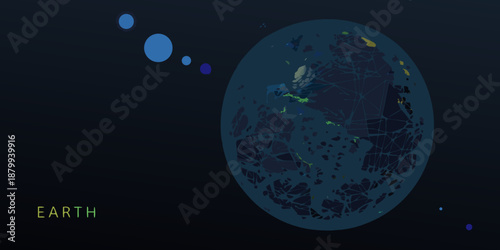 Abstract depiction of earth with orbiting elements against a dark background