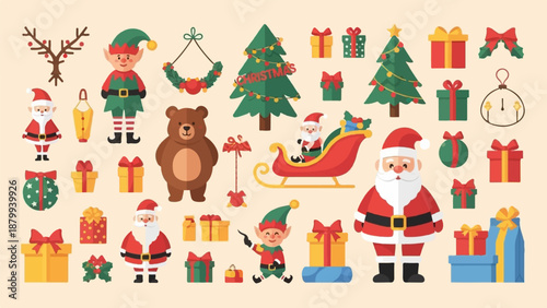 Cartoon Christmas characters and gifts with trees, sleigh, and bear