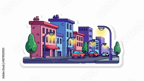 Cartoon city street scene with colorful buildings, trees, and cars