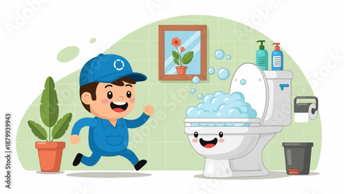 Cartoon cleaner running towards a bubbling toilet with happy face
