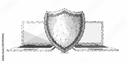 Digital security concept with shield protecting two laptops from cyber threats