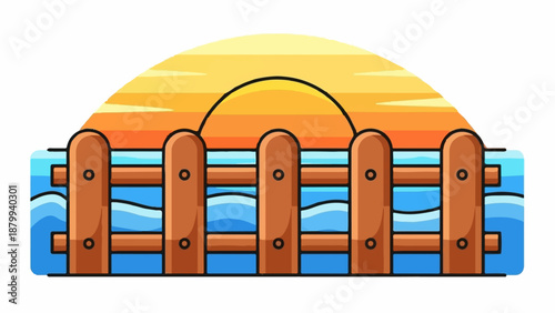 Cartoonish wooden fence in front of a vibrant orange and yellow sunset over blue ocean waves