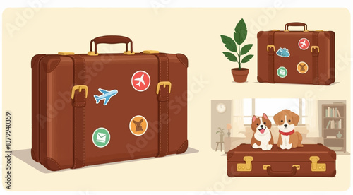 Cartoon-style illustration of vintage luggage with travel stickers and cute dogs