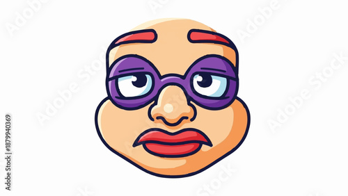 Cartoon face with large purple glasses, worried expression