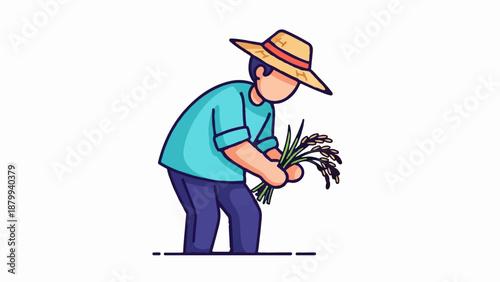 Cartoon farmer in straw hat holds harvested rice stalks