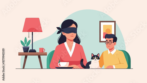 Blindfolded person sits with a cat and a man, a lamp, a plant, and art