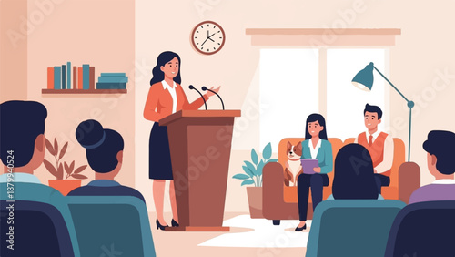 A woman addresses an audience from a podium while others listen attentively