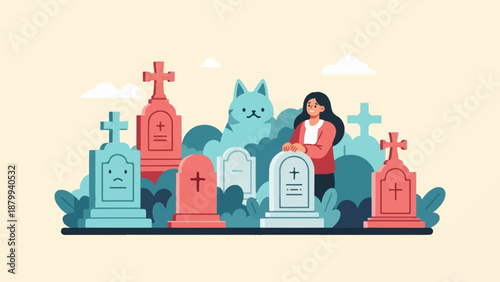A woman and a blue cat in a cemetery with tombstones