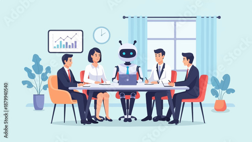 Business meeting with a robot and professionals at a table