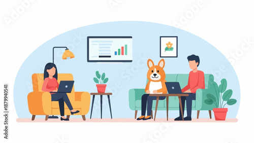 A woman, a dog in a costume, and a man work on laptops in a room