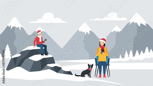 A wintry mountain scene with people and a dog using smartphones