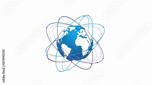 Blue Earth sphere with orbiting colorful abstract lines and dots