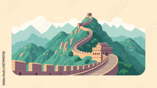A winding stone wall snakes over lush green mountains under a pale sky