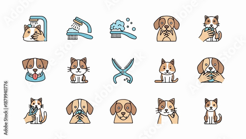 Cartoon icons of pets being groomed and cared for